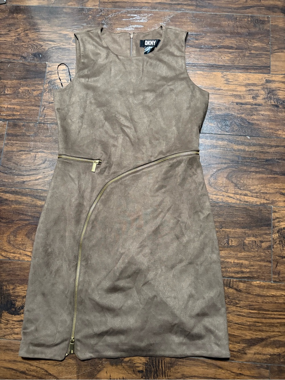 DKNY Brown Faux-Suede Mini Dress with Asymmetric Gold Zip